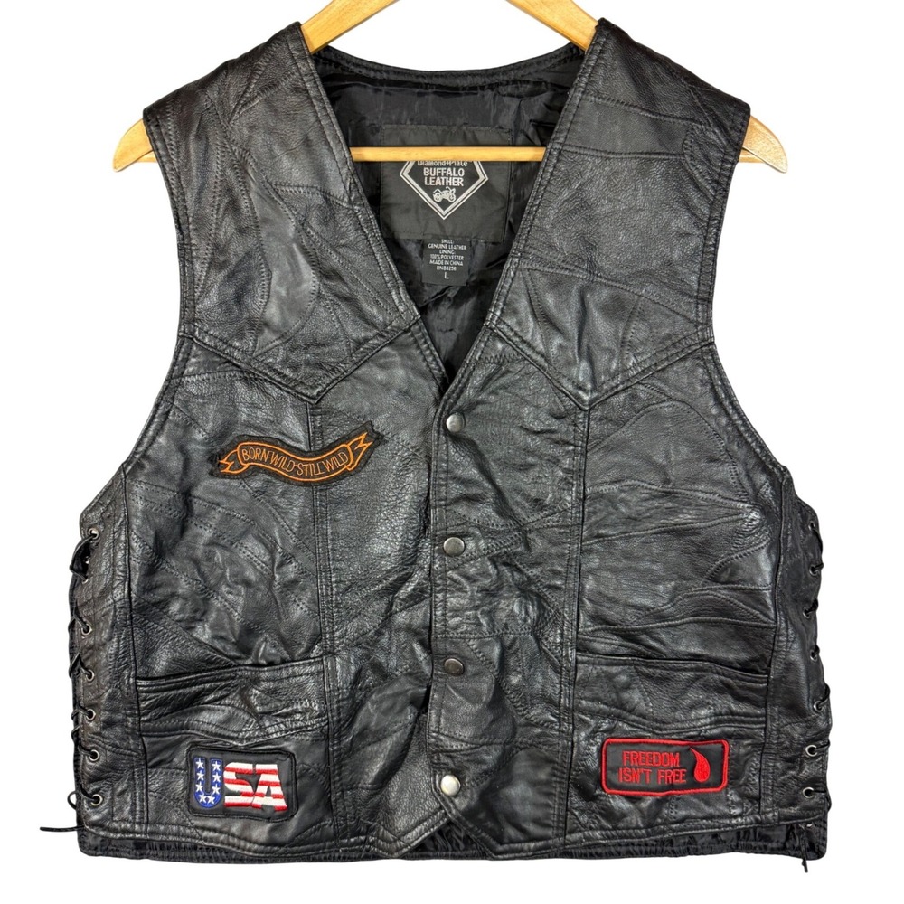Diamond‎ Plate Buffalo Leather Biker Vest Men's Patches Lace Up Size L
